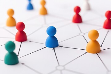 Colorful network figurines on a white background representing social connections and teamwork in a business environment.