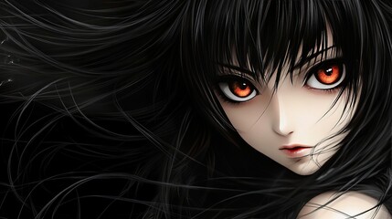 Fototapeta premium Anime Girl With Black Hair And Fiery Eyes.
