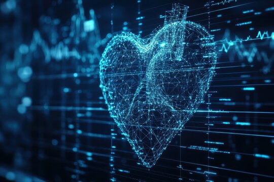 Digital Heartbeat Visualization in Blue Futuristic Network Space