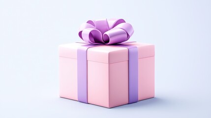 Obraz premium A sleek and modern 3D-rendered pink present box, featuring a smooth glossy finish, a rich purple bow with realistic folds, and a subtle gradient effect