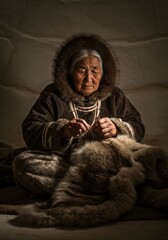Fototapeta premium Elderly Inuit Woman Sewing – Traditional Arctic Life Portrait