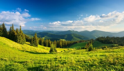 Obraz premium idyllic green hills with coniferous forests and pastures in sunny weather carpathian mountains ukraine europe