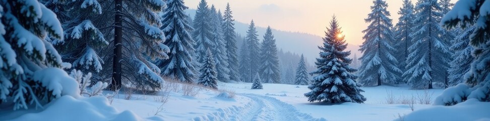 Naklejka premium Frosty forest with snow-covered trees and a lone Christmas tree, Frosty, Holiday