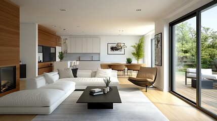 Fototapeta premium Bright Open Plan Living Room with Modern Design and Outdoor View