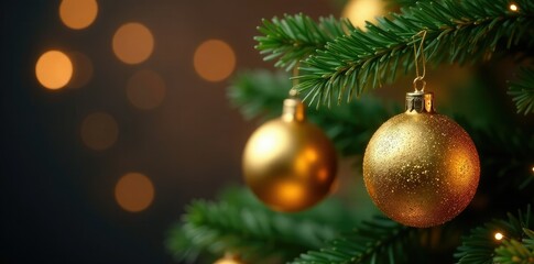 Glittering gold ornaments suspended from a Christmas tree branch, holiday, branches