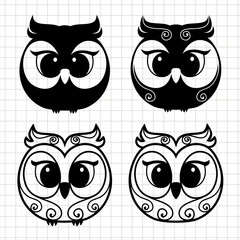 Owl decorated design. Cute cartoon owls. Silhouette vector flat illustration. Cutting file. Suitable for cutting software. Cricut, Silhouette. 