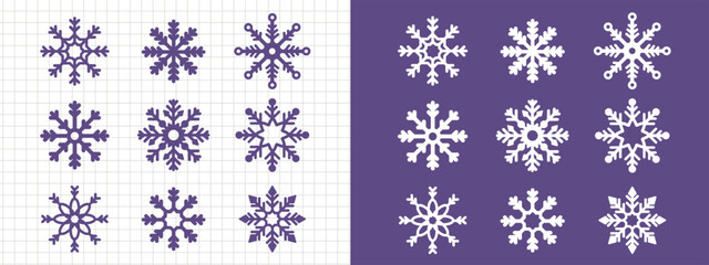 Snowflake Silhouettes. Set isolated on a white background. Christmas and New Year icon. Vector cartoon flat illustration.