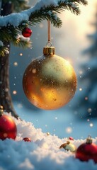 Golden Christmas ball suspended in air amidst defused snowy winter landscape, Ornate Details, Defused Landscape, Sparkling Ornaments