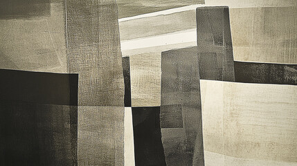 Abstract monochrome artwork featuring geometric shapes and textures, creating a modern aesthetic