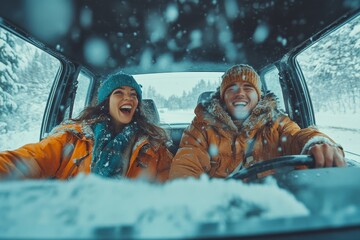 Excited happy spouses sitting inside nice brand new car, enjoying new comfortable auto, looking at road and smiling