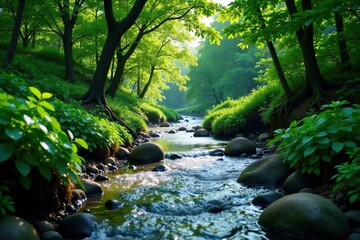 Obraz premium River flows through dense thicket of vegetation, flora, landscape, water