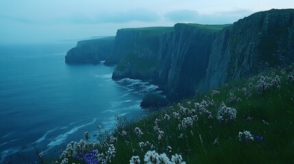 Dramatic Cliffs of Moher Coastline with Wildflower Meadow in Ireland on a Misty Day