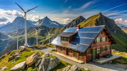 Obraz premium Mountaintop Eco-Friendly Cabin with Wind Turbines and Solar Panels Generating Clean Energy in a Scenic Alpine Setting