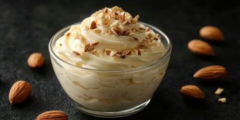 Creamy almond dessert topped with chopped almonds in a glass bowl against a dark background