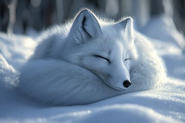 Naklejka premium Arctic Fox Sleeping Peacefully in Winter Snow
