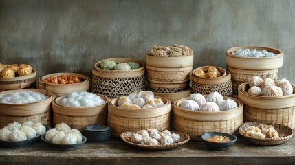 Variety of dumplings in woven bamboo baskets.