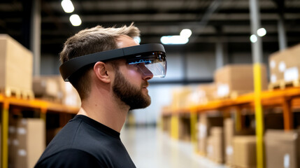 A man wearing augmented reality glasses stands in a warehouse, showcasing technology in an industrial setting focused on efficiency and innovation.
