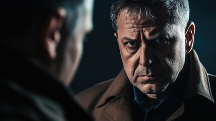 Obraz premium A detective questioning a witness in a dimly lit room. Featuring interrogation and tension