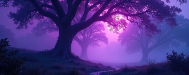 Fototapeta premium Mysterious purple fog swirling around ancient trees, nature, ancient