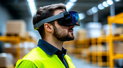 A man in a safety vest uses virtual reality goggles in a warehouse setting, exploring new technologies for enhanced operational efficiency.