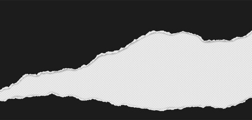 Black piece of paper with torn edges and soft shadow are on white background for text or ad.
