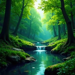 Obraz premium Peaceful forest glade with a small pond and waterfall, serene landscape, forest glade, waterfall