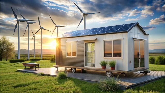 Sustainable Tiny Home with Wind and Solar Energy in a Serene Meadow at Sunset