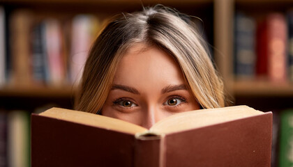 Junge Frau hinter einem Buch