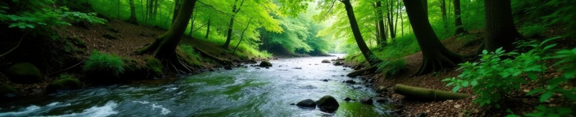 River flowing through dense forest with tree trunks and branches, River, Dense Forest