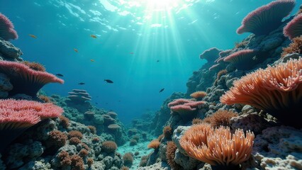 Obraz premium Vibrant coral reef underwater with sunlight rays shining through ocean water 