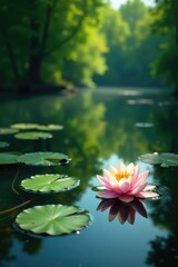 serene lake waters reflected in still lily pads, peaceful, nature