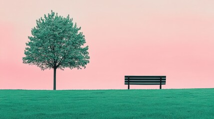 Serene park bench, lone tree, pink sunrise, peaceful scene, nature