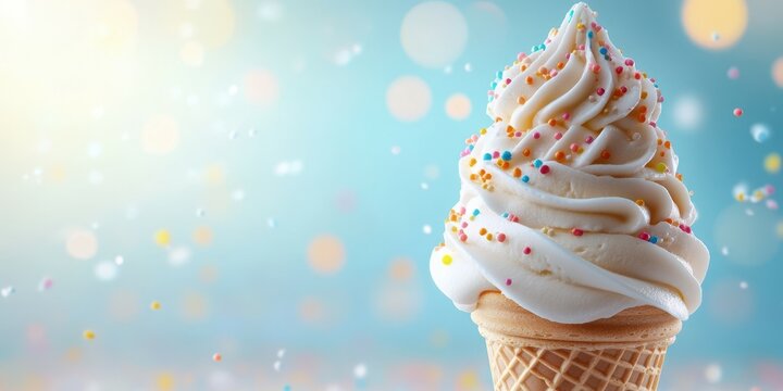Delicious soft serve ice cream cone topped with colorful sprinkles in a bright setting