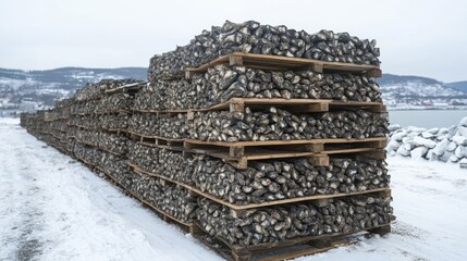 Wooden pallets stacked high with firewood in snowy landscape.