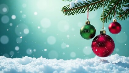 Snowflake background with red and green ornaments suspended in mid-air, snowy, scenery
