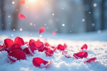 Obraz premium Snow covered red rose petals gently falling from the sky, snow, pink, winter
