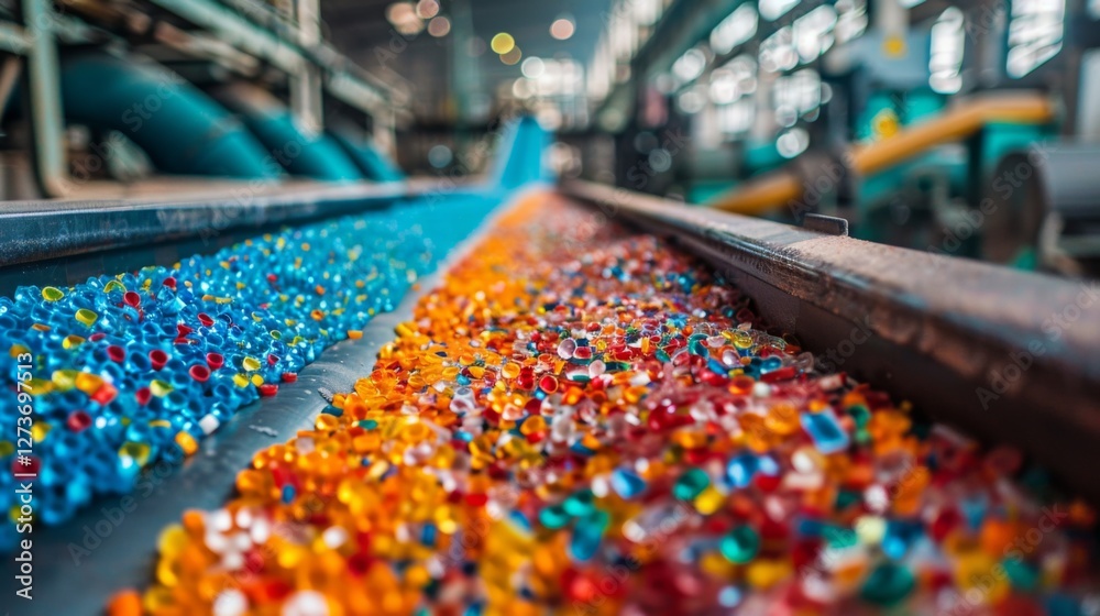 Leinwandbilder granules of blue and orange colors are being transported on a conveyor belt in a processing facility