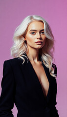 Fototapeta premium Elegant blonde woman with soft waves posing in a black blazer against a pastel background.