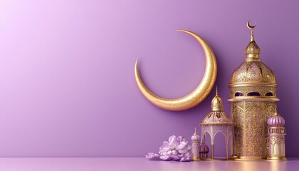 Golden Mosque and Crescent Moon on Purple Background