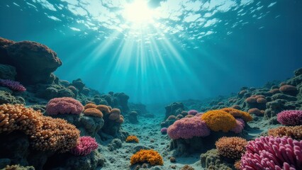 Obraz premium Vibrant coral reef underwater with sunlight rays shining through ocean water 