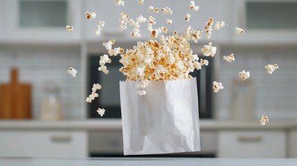 Airy Popcorn Burst from Bag in Modern Kitchen with White Backdrop and Cozy Vibes