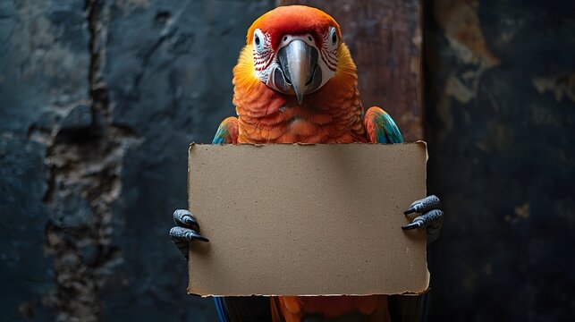 Colorful Parrot Perched on Glowing Wooden Perch Gripping Blank Cardboard Sign - Powered by Adobe