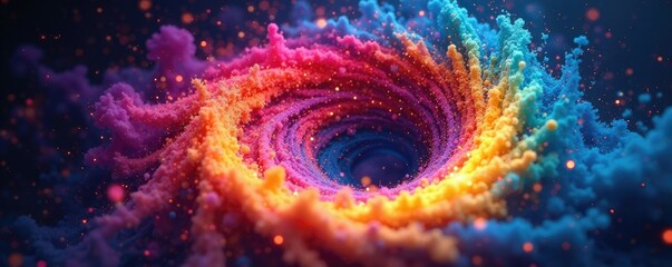 A swirling rainbow-colored vortex of tiny particles, scientific, vortex, energetic