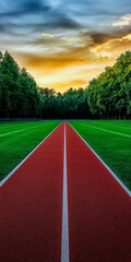 A vibrant red running track leads into a lush green field under a dramatic sunset sky, symbolizing the journey of athletes and the spirit of determination.