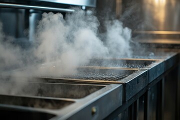 Steaming stainless steel grill in industrial kitchen.