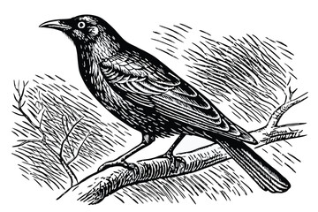  Black bird, detailed feathers, perched on branch, realistic illustration, graphite drawing style, side profile, sharp beak, round eye, textured background, monochrome, fine line work, ornithologica