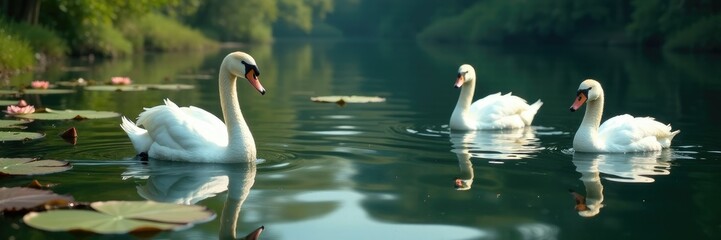 A tranquil pond with water lilies and a few swans gliding peacefully on the surface, swans, reflection