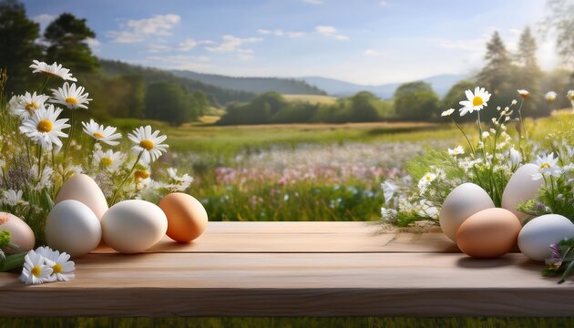 Easter product display featuring colorful eggs and spring flowers against a bright sunny backdrop. Generative AI