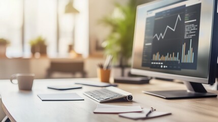 Modern home office setup with computer keyboard and monitor displaying graph. AI generated