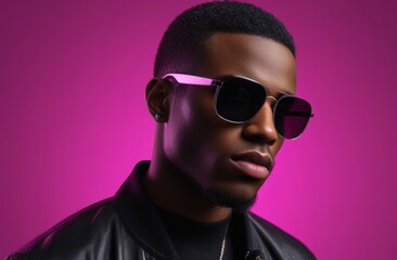 Obraz premium Vibrant Bright Studio Portrait of a confident young black man with Bold Neon Backdrop. Fashion editorials, creative advertising, music branding, digital art portfolios, Banner, Poster